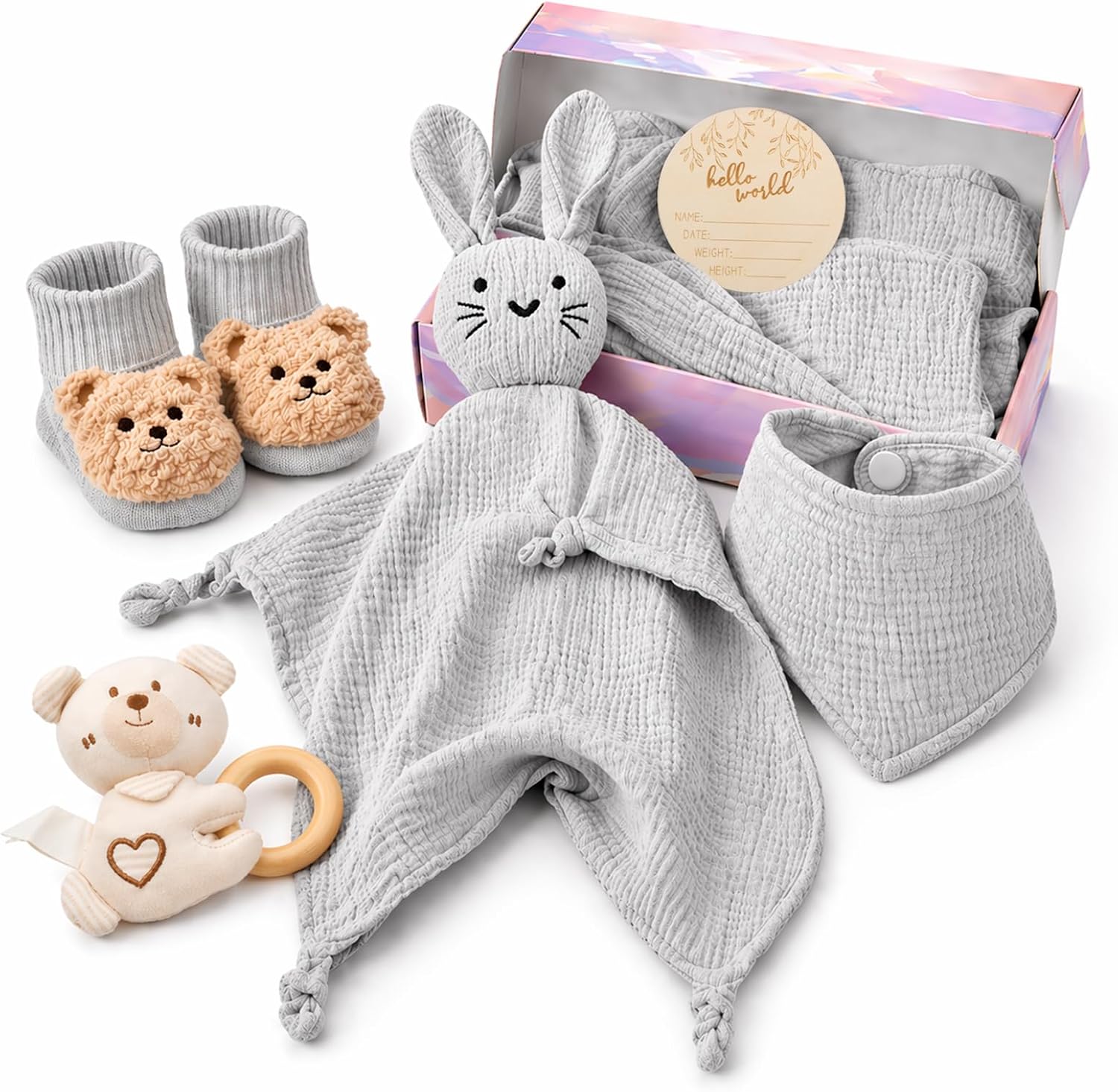 DRAKEWOOD Gris 6 en 1 Canastilla Bebe Recien Nacido Unisex con Toalla Baño Babero Triangular Calcetines Sonajero Tarjetas de Hitos y Mantita de Apego Gato - Set de Regalo Nacimiento para Niña Niño