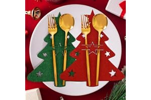 QUOHE Decoracion de Mesa Navidad, 8 Pcs Porta Cubiertos Navideños de Fieltro Árbol de Navidad Adornos Cestas Bolsa Soporte para Cubiertos, Rojo Verde Navideña Cuchillos Tenedores Cucharas Vajilla Bolsas