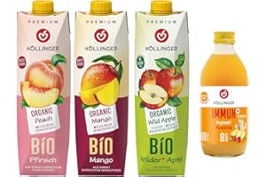HÖLLINGER Hollinger Bio Premium Pack Mixte, Jus de Fruits Biologiques, Pêche, Mangue, Pomme Sauvage, 3x1L, Plus Boisson Immun+ Gingembre 330ml