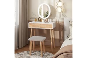 YU YUSING Tocador de Maquillaje con Luz y Taburete Tapizado, Tocador de Dormitorio con 2 Cajones, Espejo LED 3 Colores, Iluminación Regulable, Mesa de Maquillaje para Escritorio, Mujer, Color Roble