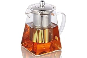 AZSCYN Square Glass Teapot for One with Heat Resistant Stainless Steel Infuser Perfect for Tea and Coffee,Clear Leaf Teapot with Strainer Lid Gift for Your Family or Friends (950 ML)