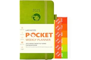 LADYACCES Agenda Settimanale 2025 [Gen.2025-Dez.2025 - Tascabile 16,5 x 9 cm] - Copertina rigida in pelle PU - Agenda A6, 1 settimana 2 pagine, con tasca interna - Verde