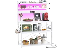 ‎ISUNIRM iSunirm Bäckerregal mit Steckdose, Mikrowellenständer, 5-stufige Kaffeebarstation mit LED-Leuchten, Küchenregal mit 6 S-förmigen Haken, Küchenregal für Gewürze, Töpfe und Pfannen, Weiß