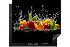 KitchenYeah© Protege Couvre Plaque De Cuisson Deco Cuisine Tapis Protection Protecteur Induction 60x52 cm Poivron - Eau - Légume - Noir