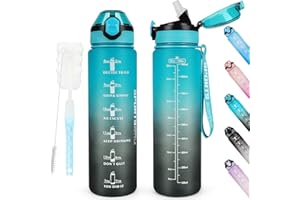 AOHAN Water Bottles 1L BPA Free Sport Drinking Bottle with Straw, Dishwasher Safe Lock Cover Leakproof Motivational Water Bottle with Time Markings, Non-Toxic Canteen Bottle