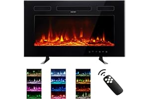 ‎M.C.HAUS M.C.Haus Ultradünner Elektrischer Kamin, geräuscharm, 12 Verschiedene Flammen, versenkte Wandmontage, Glas-Touchscreen und Fernbedienung, mit Kristall und Holzscheit(76.2cm, Schwarz)