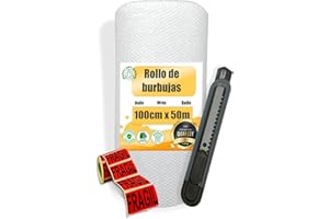 MARCPRINT Rollo Burbuja Embalaje 100 cm x 50 m con Cutter y Pegatinas de Fragil – Papel Burbuja para Mudanzas y Envíos – Plástico de Burbujas Protector Antigolpes – Embalaje Profesional Reutilizable