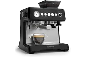 Klarstein GrandPresso Machine à Café Grain – 20 Bars, 1350W, Moulin Intégré, Buse Vapeur, Réservoir 2.3L, Noir, Cafetière à Grain avec Broyeur, Design Compact, Facile à Nettoyer