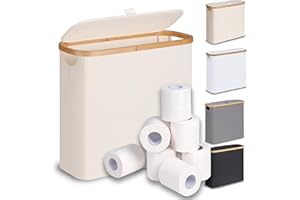 efluky Kosz do przechowywania papieru toaletowego 28 l, z pokrywką, bambusowy, organizer łazienkowy, na 9-12 rolek papieru toaletowego, idealny do wąskich pomieszczeń (beżowy)