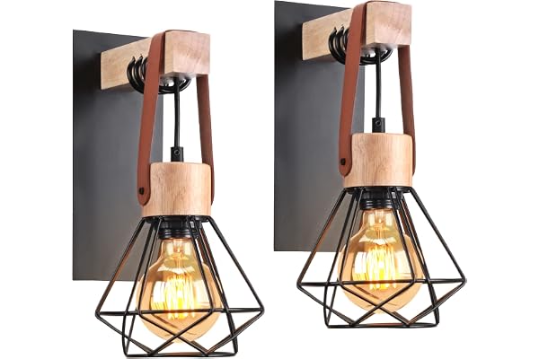 iDEGU Lot de 2 Appliques Murales Industrielles E27 Suspension Luminaire Vintage en Fer et Bois Rétro Cage Design Noir Ajustable Lampe Murale Interieur pour Salon Chambre Cuisine Couloir (2 Pack)