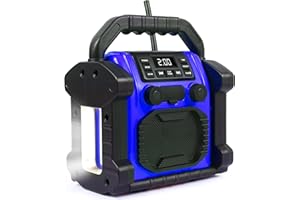 Bingxue FM Radio Receiver,USB Bluetooth Speaker with Clock Alarm/LED Lights,Portable Anticollision for Constrution Site/Outdoor/Fishing/Yoga/Party/Camping(Color Option) (Blue)