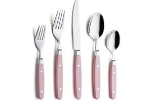 ANNOVA Ensemble de couverts/couverts en acier inoxydable avec poignées de couleur et rivets/style rétro. (Light Pink, 20 Pieces)