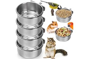 Okllen Pack of 4 Bird Feeder Cups, Removable Stainless Steel Bird Feeder Bowls with Clamp, Bird Cage Feeder for Chinchilla Parrot Cockatiel Conure Budgie Small Animal