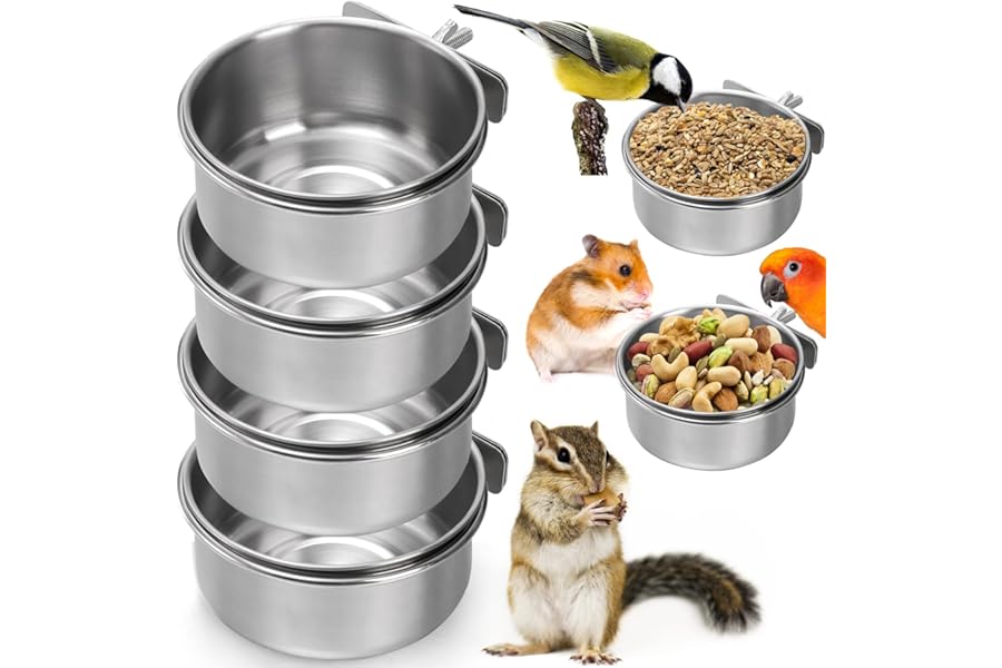 Okllen 4 Pieces Bird Feeding Dish Cups, Stainless Steel Parrot Food Bowls with Wing Nut, Bird Cage Water Bowl Pet Hanging Bowls for Bird, Budgie Chinchilla, Small Pet Cages, (4 x1.8in/10x4.5cm)