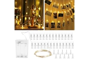 MplehDa Guirnalda de luces LED para decoración de habitaciones, cadena de luces con 50 pinzas para fotos, 5 m, 50 LED, funciona con pilas, luz blanca cálida, guirnalda de fotos para salón