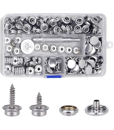 Set van 70 drukknopen om te schroeven, 15 mm/10 mm, roestvrij staal, drukknop, schroefbaar, met bevestigingsgereedschap, kit voor dekzeilen, schepen