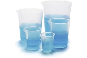 LABBOX KENZIUM - Confezione da 5 Becher | 5 Dimensioni: 50, 100, 250, 500 e 1000 ml | Plastica | Graduati, con Beccuccio | Impilabili | Alta resistenza, Autoclavabili | Ideali per Laboratorio e Scuola