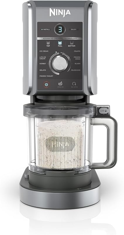 Ninja CREAMi Deluxe Eis-und Eisgetränkmaschine mit 2 Bechern, 10 Funktionen, macht Eiscreme, Gelato, Sorbet, Frozen Yoghurt, Milchshakes, Slushi & mehr, 2-in-1 Geschmacksoption, Silber, NC502EU
