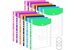 TOMONEED Plastic Wallets A4 Punched Pockets - 12PCS Expandable Plastic Folders A4 Wallets with Snap Button Top Opening Document Folders with 3 Rings