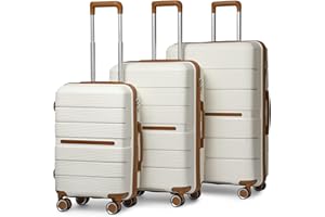 British Traveller Suitcase Carry On Hand Cabin Luggage Lightweight Hard Shell PP Suitcase with 4 Spinner Wheels TSA Lock 20" 24" 28" Travel Trolley Case(3 Pcs Set, Cream White)