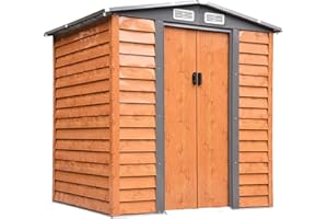 Outsunny Casetta da Giardino 2.68m² in Acciaio Zincato con Fori di Drenaggio Prese d'Aria, Capanno Porta Attrezzi con Tetto Inclinato, Doppie Porte Scorrevoli Bloccabili, Design Effetto Legno, Marrone