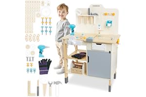 mamabrum Banco Trabajo Madera para Niños - Mesa Herramientas XXL con 74 Piezas, Taladro Eléctrico y Sierra Circular - Altura Ajustable 97-103cm - A Partir de 2 Años
