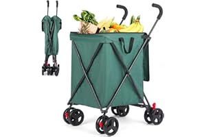 AESRAOU Shopping Cart, Collapsible Folding Utility Wagons Carts Heavy Duty, Large Capacity 120lbs, Minimalist, with All-Terrain Big Wheels for Outdoor Camping Shopping Sports Garden (Dark Green)
