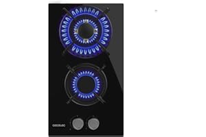 Cecotec Placa de Gas 2 Fuegos para Gas Natural y Butano Bolero Squad G 2200S Glass Black. 5,25kW, Cristal Negro, Parrillas Individuales Hierro Fundido, Quemador WOK Triple Corona, Encendido Eléctrico