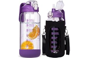 DEARRAY 1.5l Gourde Verre Motivation avec Paille et Marqueur de Temps 1.5 litres grand transparente Bouteille eau Verre Borosilicaté Carafe eau Pichet en Verre