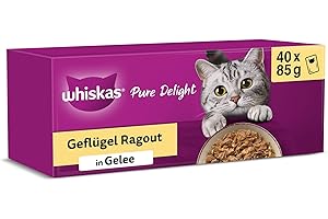 Whiskas 1+ Katzennassfutter Ragout Geflügel Auswahl in Gelee, 40x85g (1 Packung) – Hochwertiges Nassfutter für ausgewachsene Katzen in 40 Portionsbeuteln