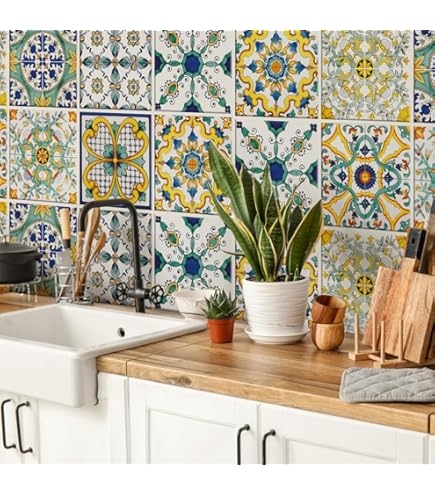 Bestine Tegelstickers, zelfklevende waterdichte Marokkaanse tegelstickers doe-het-zelf tegeltransfers Marokkaans mozaïek Victoriaanse retro stijl stickers voor keuken, badkamer woondecoratie (C-10