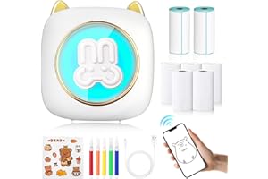 CARSEATTY C23 Portable Mini Thermal Printer, Inkless Bluetooth Pocket Sticker Printer Mini Photo Printer With coloured light for Printing Logo, Notes,Journal,List,Memo(including 7 rolls of printing paper)