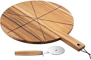Alex Nash Acacia Wood Pizza Board with Cutter Set – 12” Round Pizza Cutting Board Serving Tray with Paddle Handle, Stainless Steel Cutter and 6 Slicing Grooves for Kitchen – 44 x 31.5 x 1.5cm