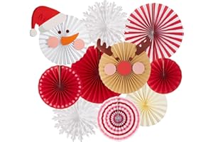 SUNBEAUTY 10PCS Reusable Christmas Paper Fans Decorations Classroom Decorations Hanging Paper Fans with Reindeer Snowman for Xmas Holiday Ceilings Wall Decor Winter New Year Party Supplies