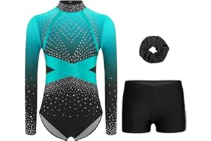 Miutii Mädchen Turnanzug Glitzer Gymnastikanzug Langarm Ballettanzug mit kurze Hose Haarband Gymnastik Leotard Eislaufen Tanzkostüm