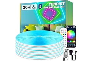 TENDIST 20M Flexible Ruban LED Neon RVB, IP68 Bluetooth 120 LED/Mètre Bande LED Exterieur Etanche avec Sync Musique et Télécommande, DIY Lampe LED Néon pour Cour, Porche, Fêtes, Festivités