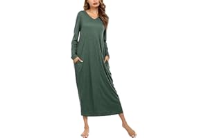 Sykooria Women's Long Nightgown Cotton Baggy Nightdress Plus Size Nightshirt Long Sleeve V Neck Sleep Dress Casual Sleepwear With Pockets