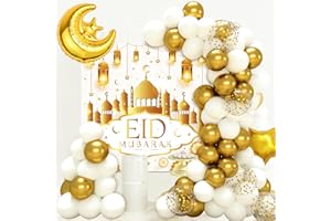NETNOLOGY Eid Ramadan Mubarak Dekorationen Oro Bianco, 70pcs Kit Arco Palloncini con Eid Mubarak Banner Palloncino Foil Stella Lunare, Decorazione con Palloncini Eid Mubarak per Festa Ramadan Eid Mubarak