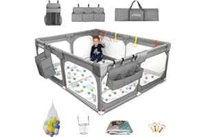 JINXIA Laufstall Baby 127x127cm,Laufgitter Baby mit atmungsaktivem Netz und Matratze, Extra großer Spielstall für Babys und Kleinkinder,robuster Sicherheitsspiel Yard für Innenspaß, xxl,Grau