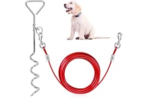 Welltop 16 ft Dog Tie Out Cable with 15" Spiral Ground Stake Spike for Dog Up to 120 lb for Playing, Camping and Backyard in Ground (Red)