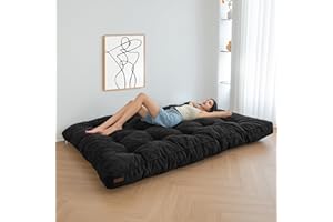 MAXYOYO Japanese Corduroy Fabric Floor Mattress Futon Mattress, Shredded Foam Filling Thicken Tatami Mat Sleeping Pad Foldable Roll Up Dormitory Lounger Pillow Bed (Double,Black)