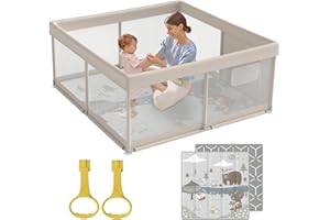 FODOSS Baby playpen with mat (47 * 47inch playpen with mat-Old-Beige)
