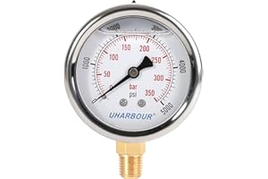UHARBOUR Glycerin Filled Pressure Gauge 5000psi/350bar, Stainless Steel case, Brass Inside Construction, 2-1/2" dial, 1/4"NPT Rear Connection.