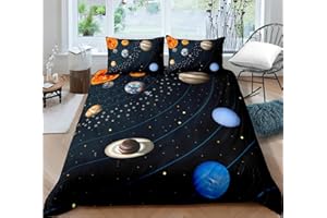Timiany Kinder Bettwäsche Set Sonnensystem Planet Jungen-Teenager-Bettbezüge Mit Reißverschluss 135x200cm+80x80cm Planeten & Sterne Mikrofaser Bettbezug (Universum-H,135x200+50x75)