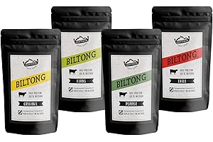 ‎CRAFTSMAN FINEST FOODS Craftsman Biltong Trockenfleisch Probierpack | 100% natürlich | Beef Jerky Mix aus Deutschland - Bayern | Ohne Zucker | Original, Chili, Pepper, Herbs | Rezept aus Namibia | Afrika (200 g (4 x 50g))