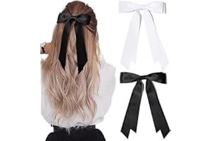 ZUFIO 2PCS Silky Satin Hair Bows Clip Hair Ribbon Ponytail Holder Accessories Slides Metal Clips Bow for Women Girls Toddlers Teens Kids (Black+White, S)