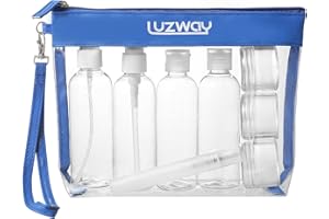 Beauty Case da Viaggio + 8 Bottiglie da viaggio (Max.100ml), LUZWAY Trousse Trasparente, Busta da Viaggio Trasparent, Set da Viaggio per Cosmetici, Kit da Aereo per Liquidi, Set da viaggio PVC Azzurro
