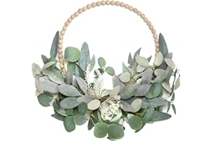GENERIC CIR OASES Wood Bead Eucalyptus Leaf Wreath Artificial Green Leaf Wreath Spring Summer Decoration Holiday Party Indoor/Outdoor Farmhouse Wreaths for Front Door Decor