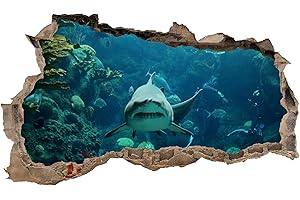 FINEST FOLIA 3D Wandtattoo Mauerloch Wandsticker Wandaufkleber Durchbruch Tiere selbstklebend H 60 x B 100 Schlafzimmer Wohnzimmer (WL40 Hai)