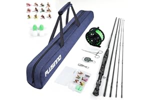 PLUSINNO Fly Fishing Rod and Reel Combo, 4 Piece Lightweight Ultra-Portable Graphite Fly Rod 5/6 Complete Starter Package with Carrier Bag